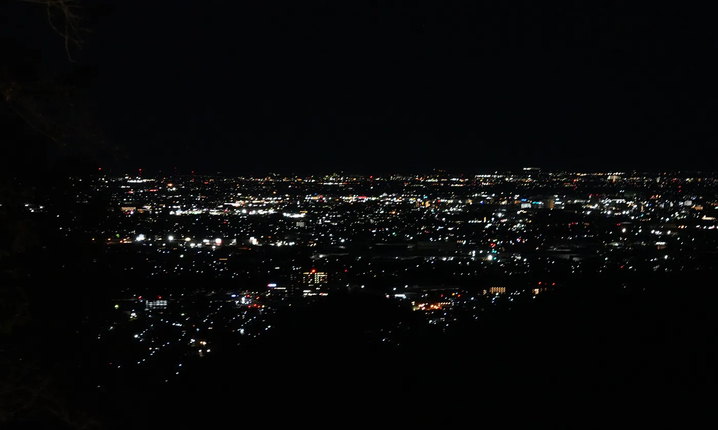 Night view from Fuji-viewing platform in front of the main hall of Oiwasan Bishamonten